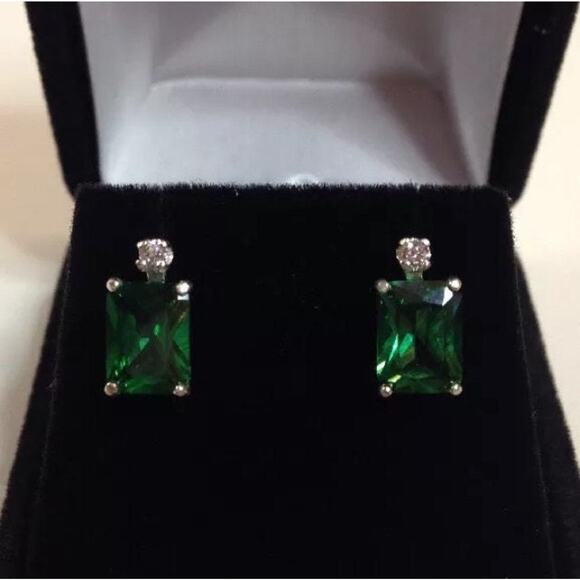 Beautiful 3ctw Emerald & White Sapphire Earrings Emerald Cut Emerald Earrings - Picture 4 of 6